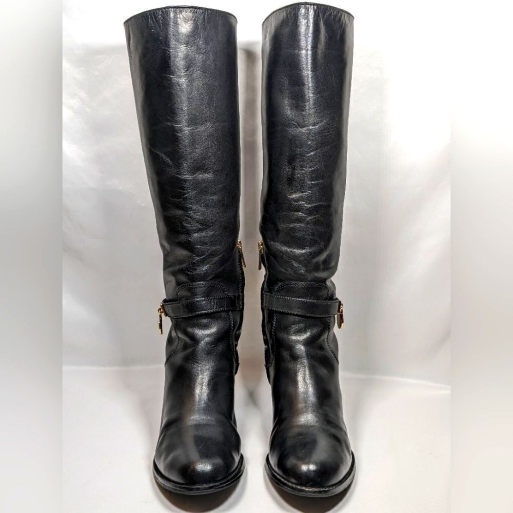 Michael Kors Hamilton Lock Black Leather Riding Boots 2" Heel Size 7M